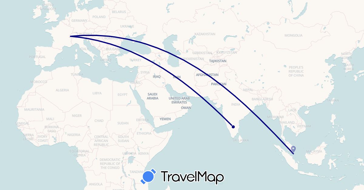 TravelMap itinerary: driving in Switzerland, India, Singapore (Asia, Europe)